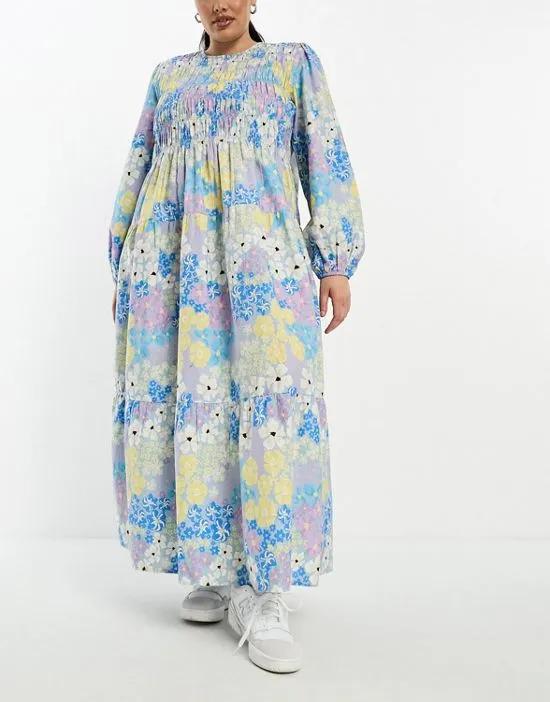 ASOS DESIGN Curve cotton shirred maxi smock dress with puff sleeve in multi floral print