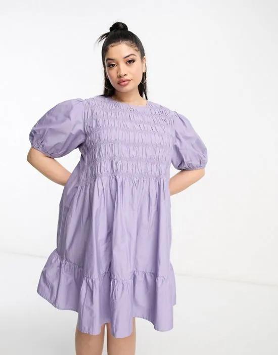 ASOS DESIGN Curve cotton shirred mini smock dress with puff sleeves in lilac