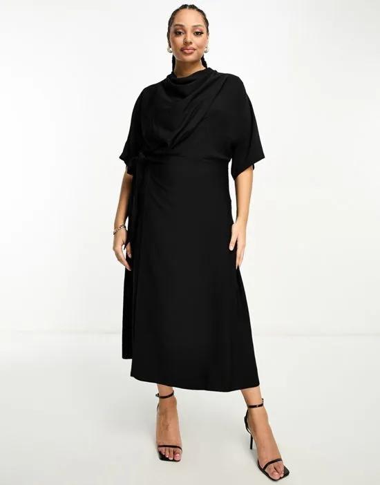 ASOS DESIGN Curve cowl neck midi dress with wrap skirt in black