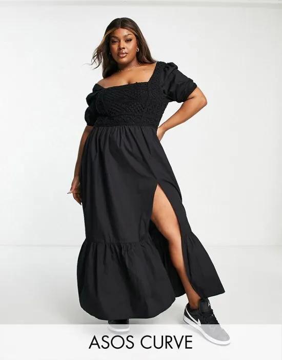 ASOS DESIGN Curve crochet insert cotton poplin maxi dress in black