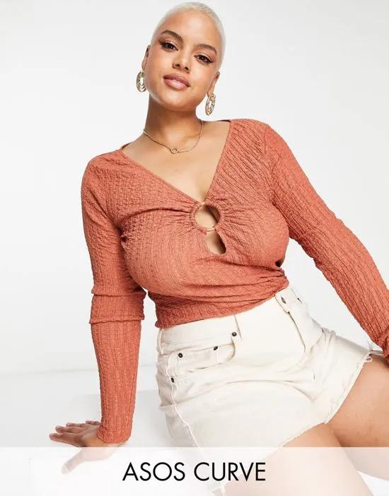 ASOS DESIGN Curve crop texture top with ring detail in rust