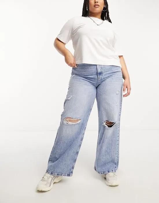 ASOS DESIGN Curve dad jeans in mid blue with rips