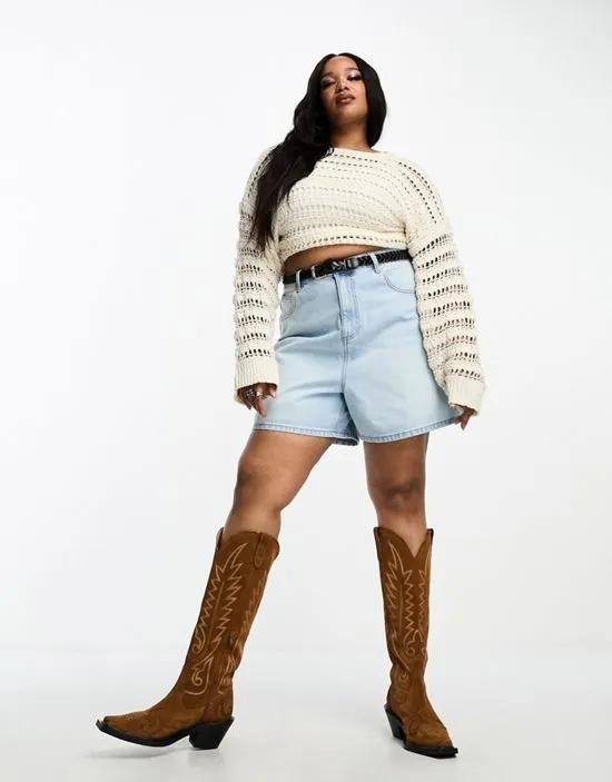 ASOS DESIGN Curve denim dad shorts in midwash blue