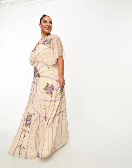 ASOS DESIGN Curve embellished batwing maxi dress with floral artwork in cream