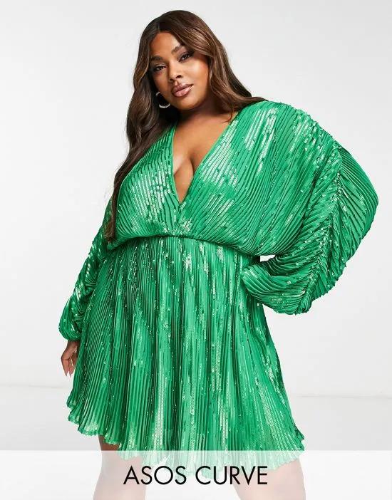 ASOS DESIGN Curve embellishment mini dress with blouson sleeve in green