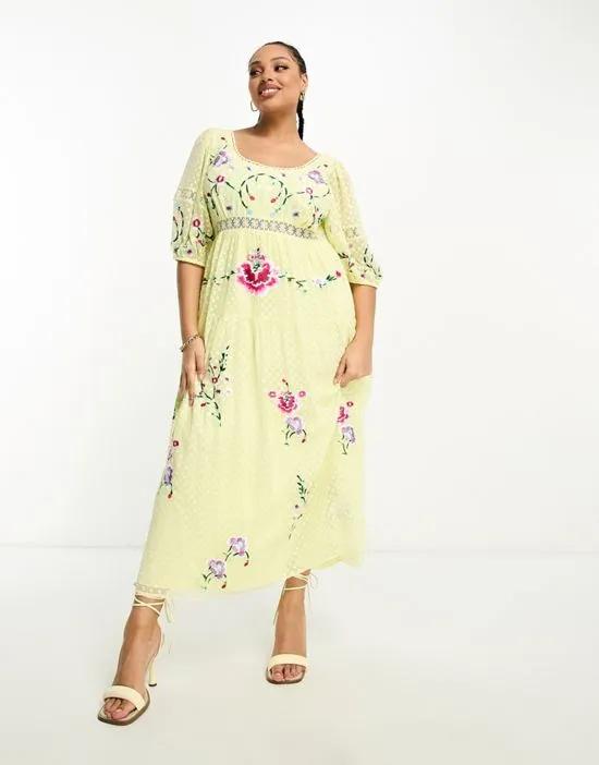 ASOS DESIGN Curve embroidered textured scoop neck midi dress with crochet trims in lemon