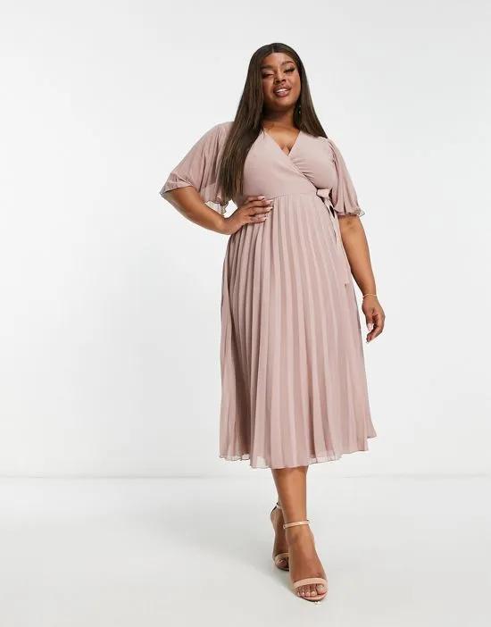 ASOS DESIGN Curve exclusive pleated midi dress with kimono sleeve and tie waist in blush