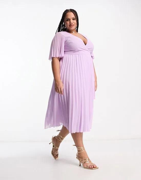 ASOS DESIGN Curve exclusive pleated midi dress with kimono sleeve and tie waist in lilac