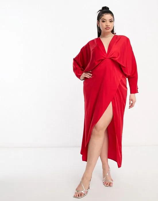 ASOS DESIGN Curve Exclusive satin batwing midaxi dress with split skirt in red