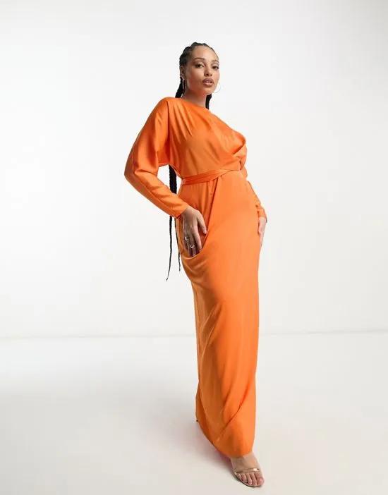 ASOS DESIGN Curve exclusive satin maxi dress with batwing sleeve and wrap waist in hot orange