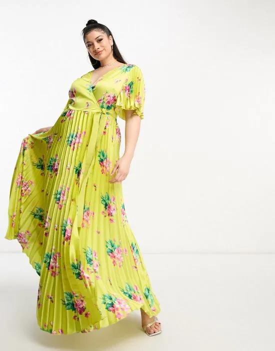 ASOS DESIGN Curve exclusive satin maxi dress with kimono sleeve and tie waist in pleat in yellow floral print