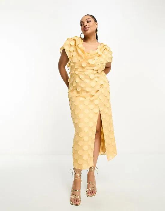 ASOS DESIGN Curve exclusive textured cowl neck maxi dress with shoulder detail in pale yellow