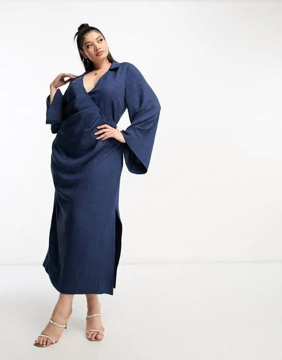 ASOS DESIGN Curve flute sleeve collared wrap midi dress with gathers in blue