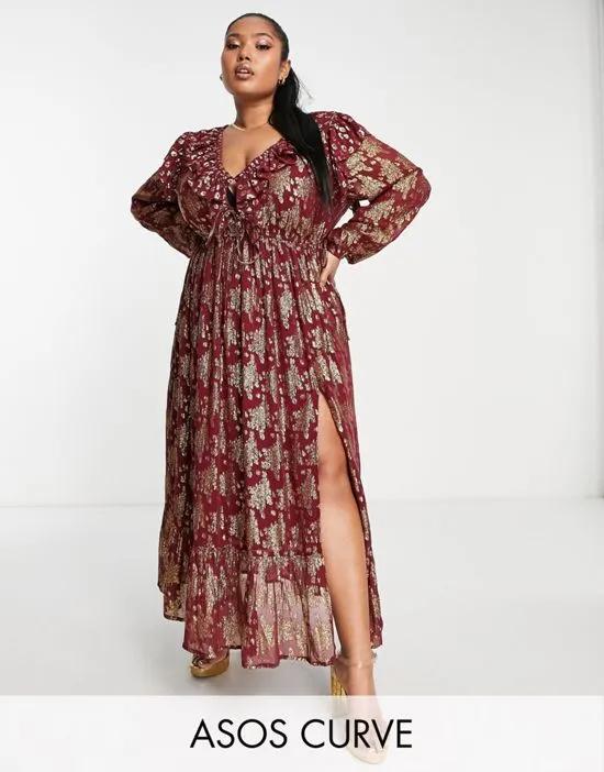 ASOS DESIGN Curve gathered waist metallic maxi dress with frills in burgundy