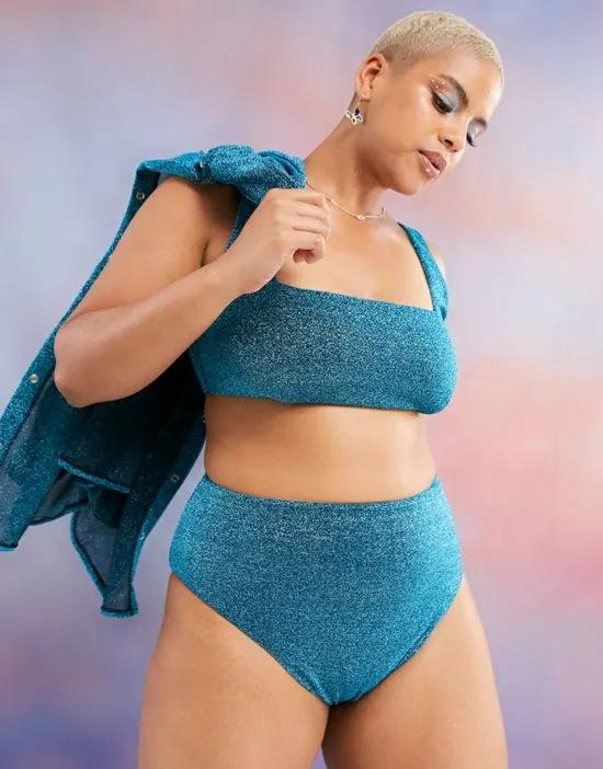 ASOS DESIGN Curve high waist bikini bottom in blue glitter