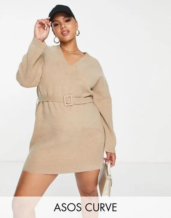ASOS DESIGN Curve knit mini dress with belt in brown