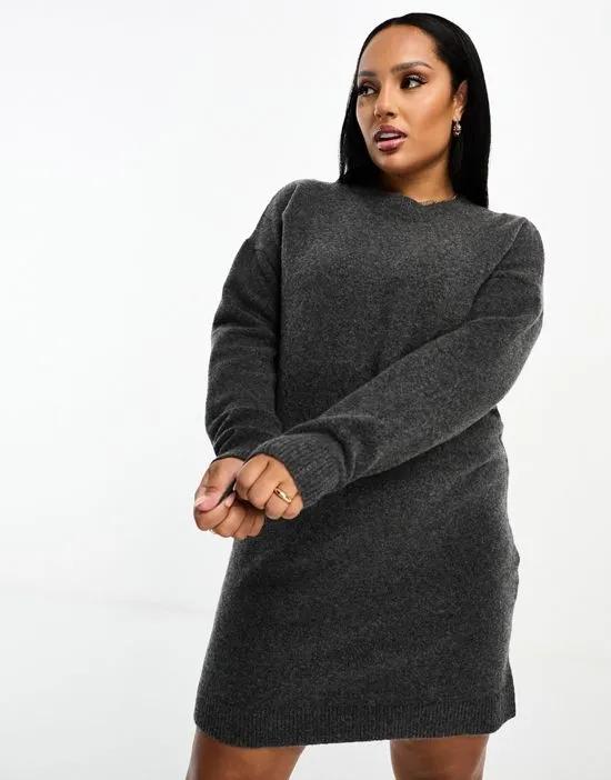 ASOS DESIGN Curve knitted sweater mini dress with crew neck in charcoal