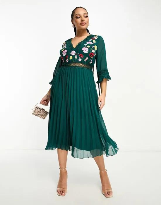 ASOS DESIGN Curve lace insert pleated midi dress with embroidery in forest green