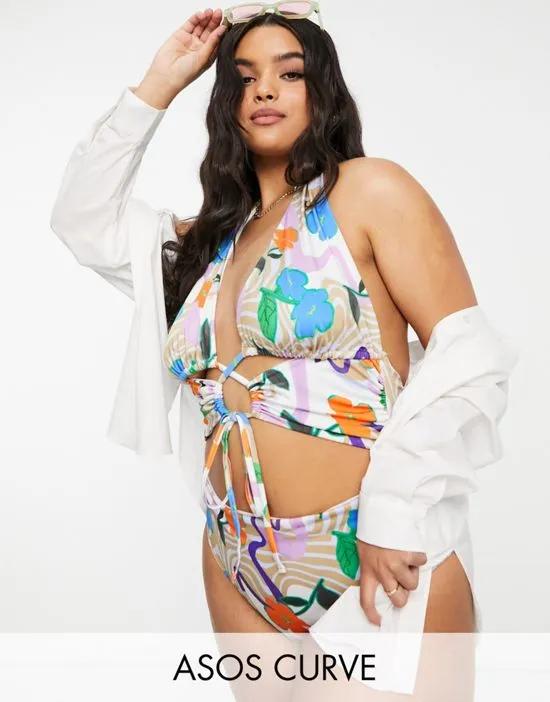 ASOS DESIGN Curve lace swimsuit in floral swirl print