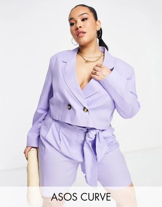 ASOS DESIGN Curve linen cropped suit blazer in lilac