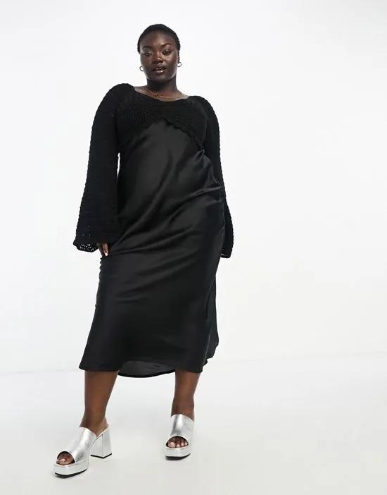 ASOS DESIGN Curve long sleeve crochet bodice satin maxi dress in black