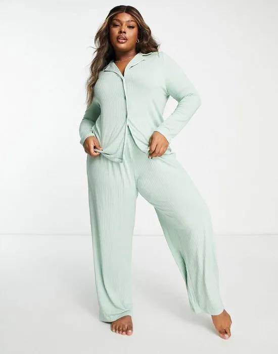 ASOS DESIGN Curve lounge rib shirt & pants set in green