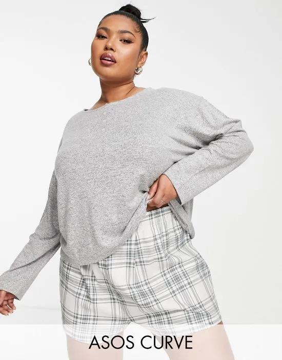 ASOS DESIGN Curve lounge super soft henley top & woven plaid boxers short in gray