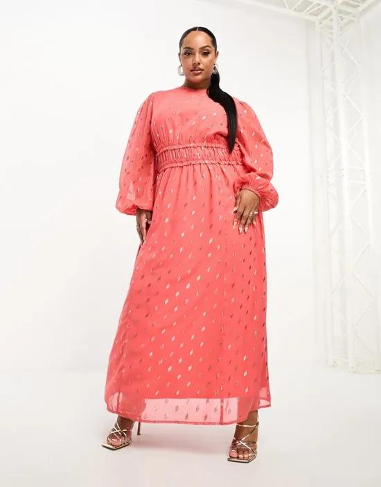 ASOS DESIGN Curve metallic spot chiffon maxi dress with channel waist in coral