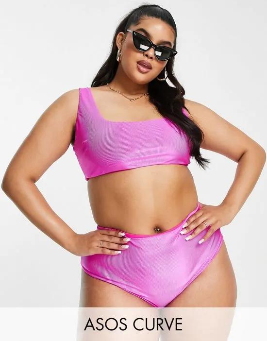 ASOS DESIGN Curve mix and match mirror satin rib crop bikini top in bright pink