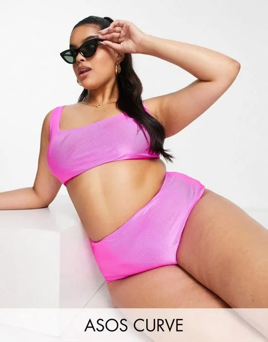 ASOS DESIGN Curve mix and match mirror satin rib high leg high waist bikini bottom in bright pink