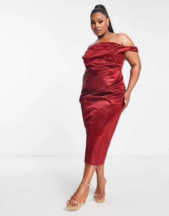 ASOS DESIGN Curve off shoulder bardot tuck structured satin midi dress in wine