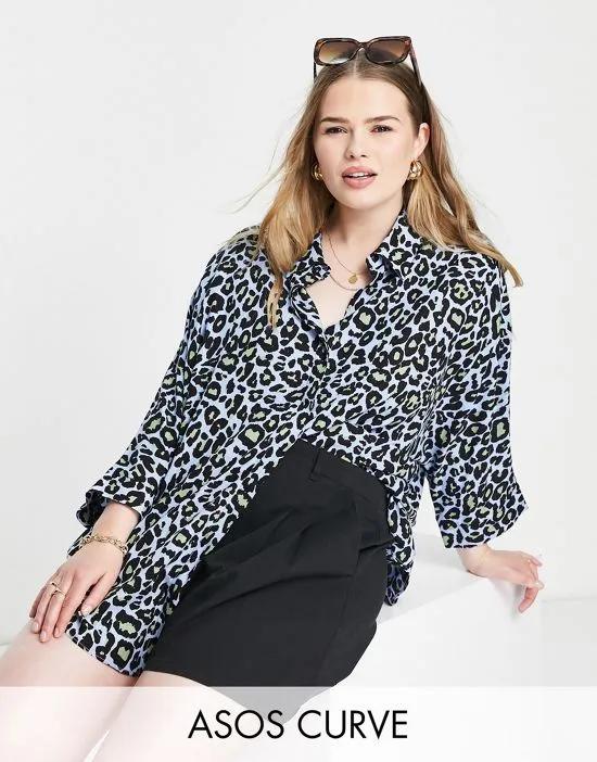 ASOS DESIGN Curve oversized long sleeve shirt in blue leopard print