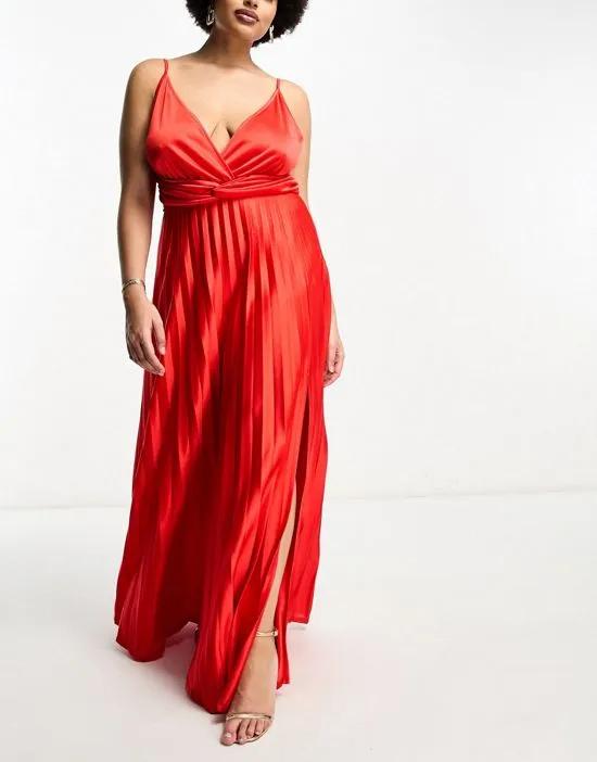 ASOS DESIGN Curve plunge cami waisted pleated maxi dress in red