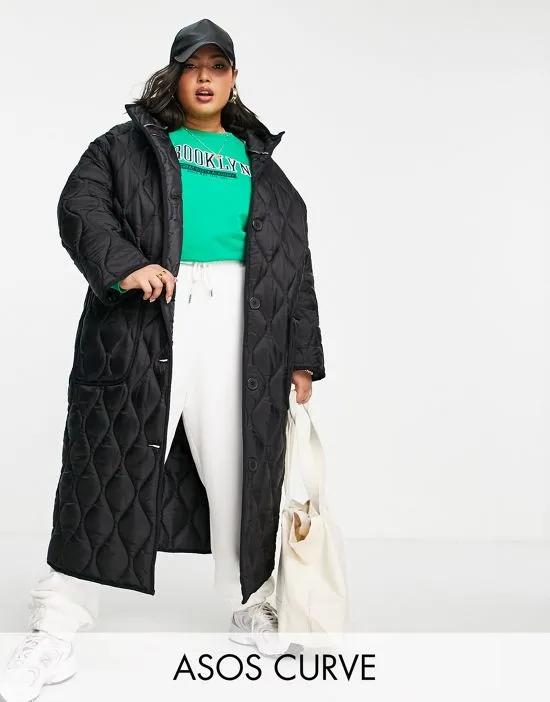 ASOS DESIGN Curve quilted longline hooded puffer jacket in black