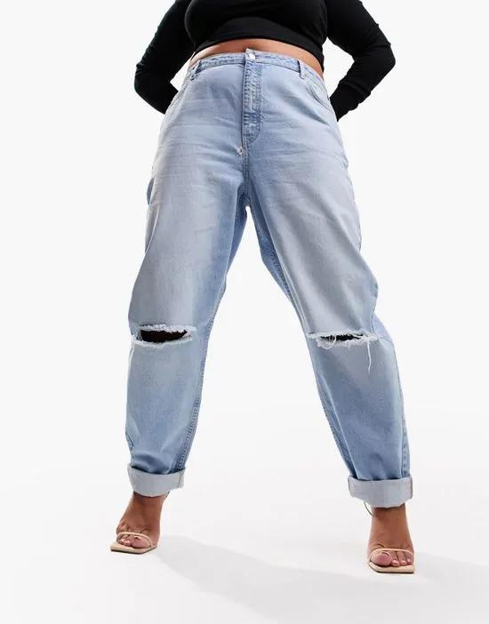 ASOS DESIGN Curve relaxed mom jeans in light blue with knee rips