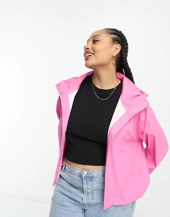 ASOS DESIGN Curve rubberized rain short jacket with hood in pink