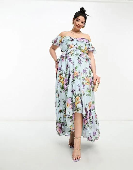 ASOS DESIGN Curve ruffle cut out off the shoulder maxi dress with hi low hem in blue floral print