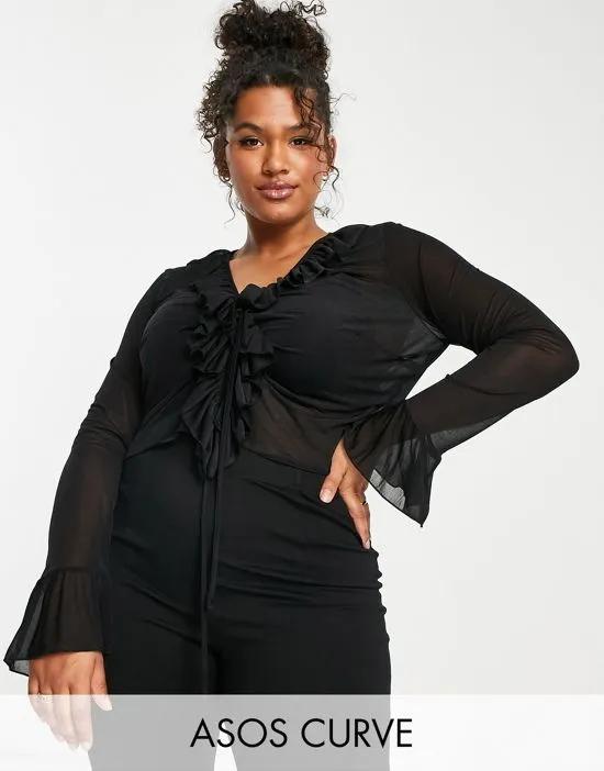 ASOS DESIGN Curve ruffle front floaty mesh top in black