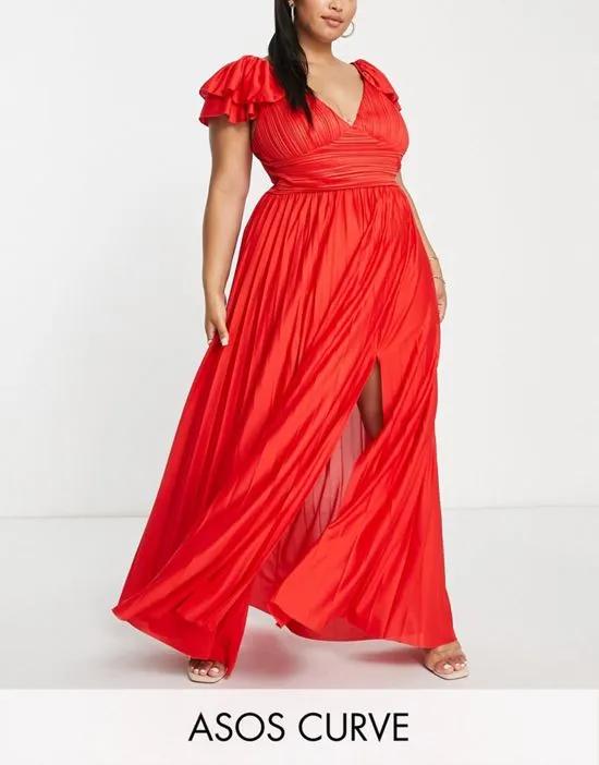 ASOS DESIGN Curve ruffle sleeve pleated maxi dress in red
