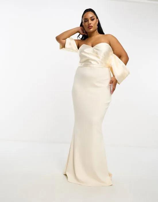 ASOS DESIGN Curve satin bandeau off-shoulder body-conscious maxi dress with exaggerated sleeves in cream