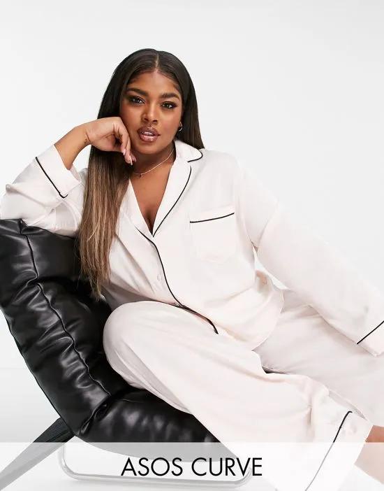ASOS DESIGN Curve satin long sleeve shirt & pant pajama set in pink