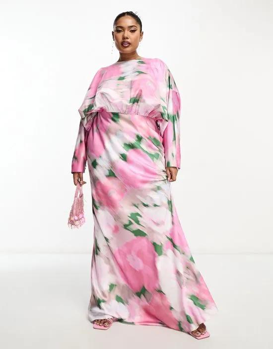 ASOS DESIGN Curve satin maxi dress with batwing sleeve in blurred floral