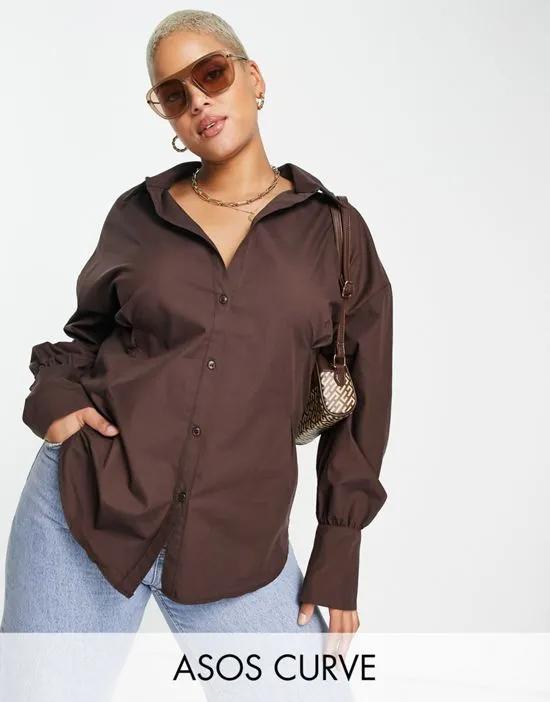 ASOS DESIGN Curve shirt with corset waist detail in chocolate brown