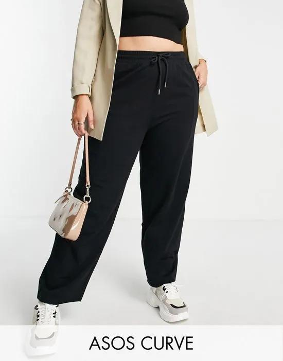 ASOS DESIGN Curve straight leg sweatpants with deep waistband and pintuck in cotton in black - BLACK