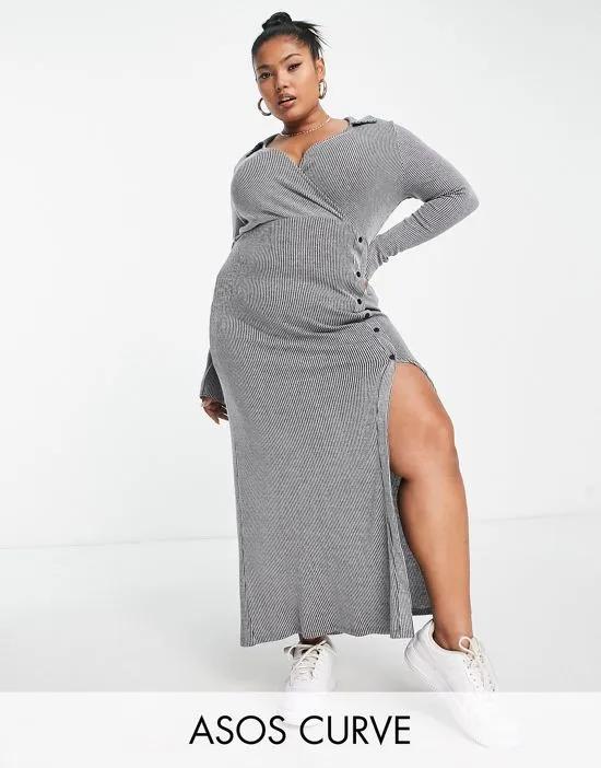 ASOS DESIGN Curve supersoft ribbed long sleeve maxi dress with collar in gray spacedye