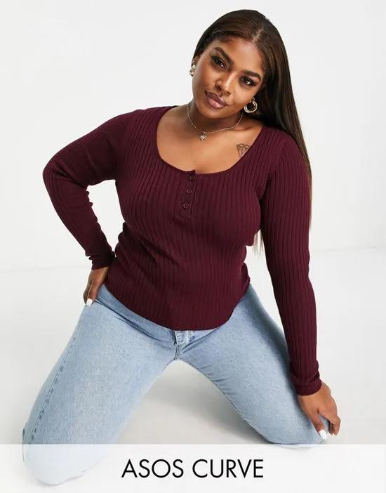 ASOS DESIGN Curve sweater with scoop neck and button placket in dark red