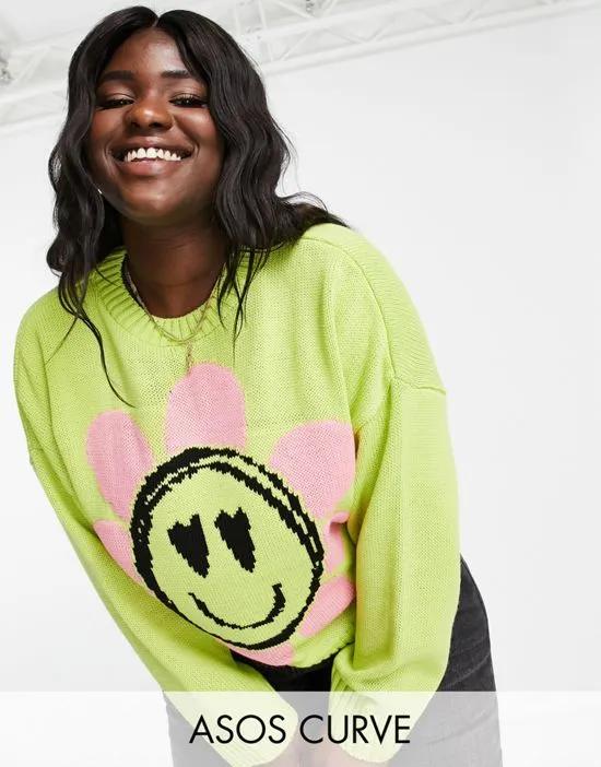 ASOS DESIGN Curve sweater with smile floral pattern in lime green
