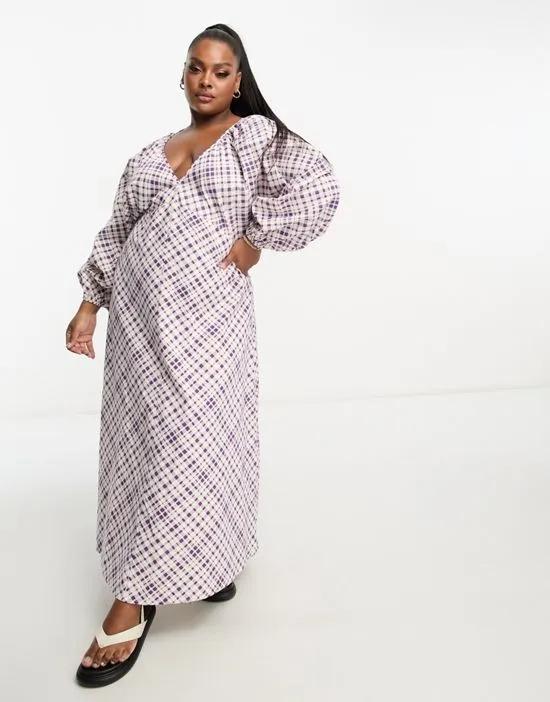 ASOS DESIGN Curve textured v neck batwing midi dress in purple plaid
