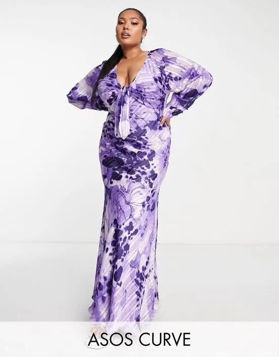 ASOS DESIGN Curve tie front plunge maxi dress with floral print in purple