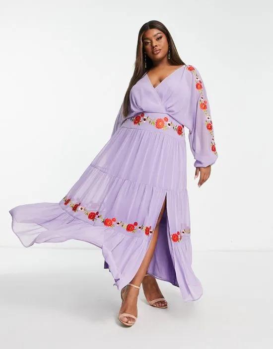 ASOS DESIGN Curve v neck batwing chiffon maxi dress with embroidery detail in lilac
